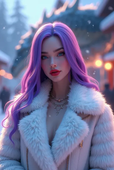 Create a 3D graphic illustration of a 28-year-old woman wearing a winter clothes with white fur coat.
Her hair should be long bright purple hair.wearing red lipstick, and look fierce, fitting the appearance of a gala participant. Use high color saturation ...