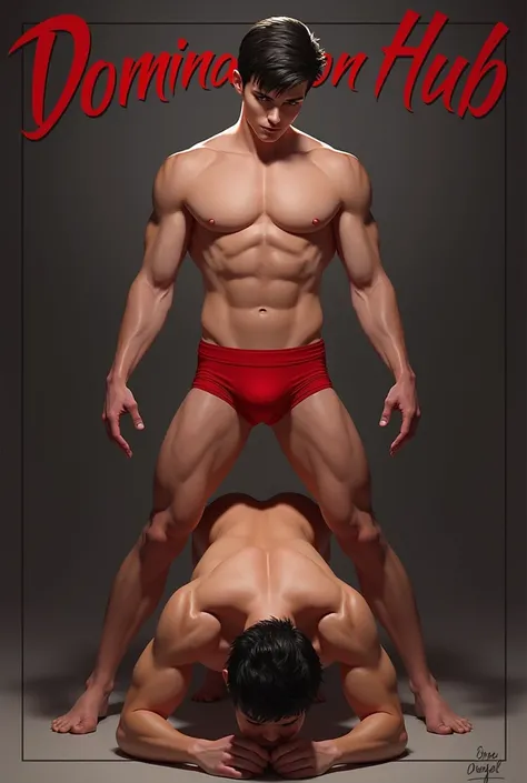 A teen shirtless guy wearing a red underwear is sitting on the top of another guys back who is crawling on all fours on words "Domination Hub"