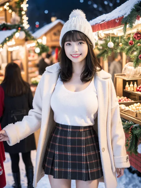 (masterpiece, realistic, photo-realistic:1.2), finely detail, ultra high res, perfect anatomy, best quality, 8K, soft focus, (grin, happy smile:1.3), (2girls, harem, 18yo Japanese girl, girly rib knit, wool coat, plaid mini-skirt, beanie:1.2), (cowboy shot...