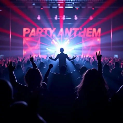 A high-energy and dynamic streaming thumbnail captures the essence of the big beat track, "Party Anthem." The image features a packed dance floor in a dark and neon-lit underground rave, with a crowd of people jumping and dancing wildly to the music. The D...