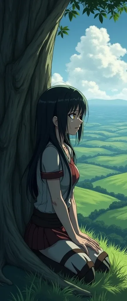 (masterpiece:1.2,  best quality),  beauty , AOTs Mikasa has long hair and yellow eyes, and is crying a lot with a sad expression.  The background is Mikasa leaning her head against a big tree on a big hill
