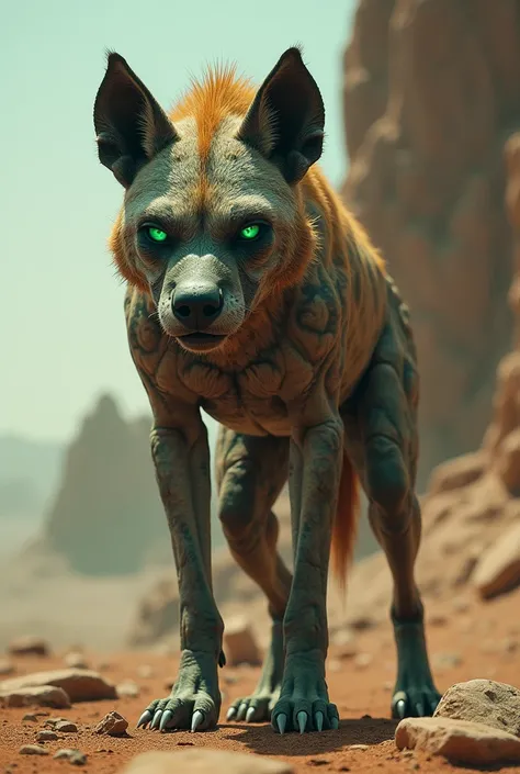  A monstrous hyena with bright green eyes. Her body is hairless .