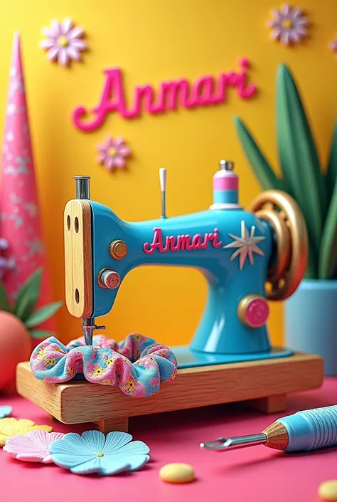  Create image with colorful scruncie, a sewing machine, a needle and the word Anmari  