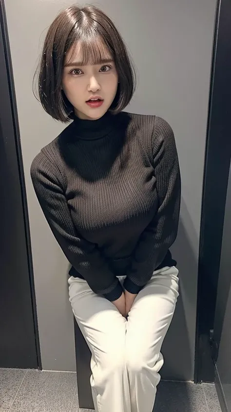 (((black long sleeve knit, white business pants))),((((brown short bob hair, bangs)))), ((junior face)), (((hands between legs, have to pee))), Japanese、(((angry face, open mouth:1.2)))、((((Round face))))、(big cheeks)、((Cute Face))、(((Japanese idol)))、(((b...