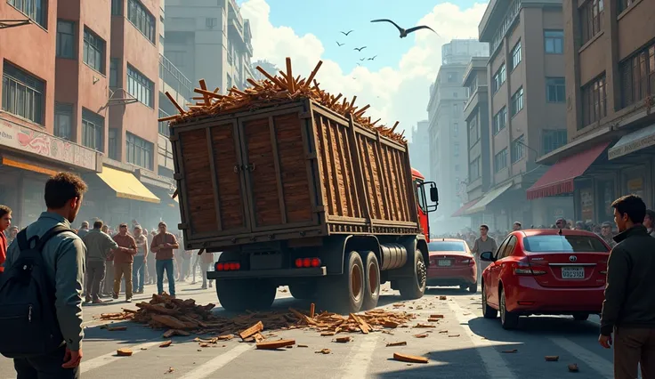 give me a picture of a truck carrying wood overturned in the middle of the road, crushing other cars and there are lots of cars and people around