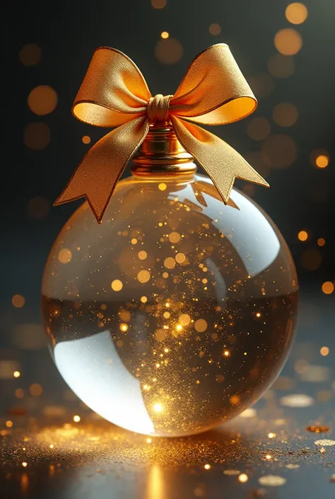 A clear crystal ball with nothing inside with gold sparkles around the ball with a small bow to hang, 