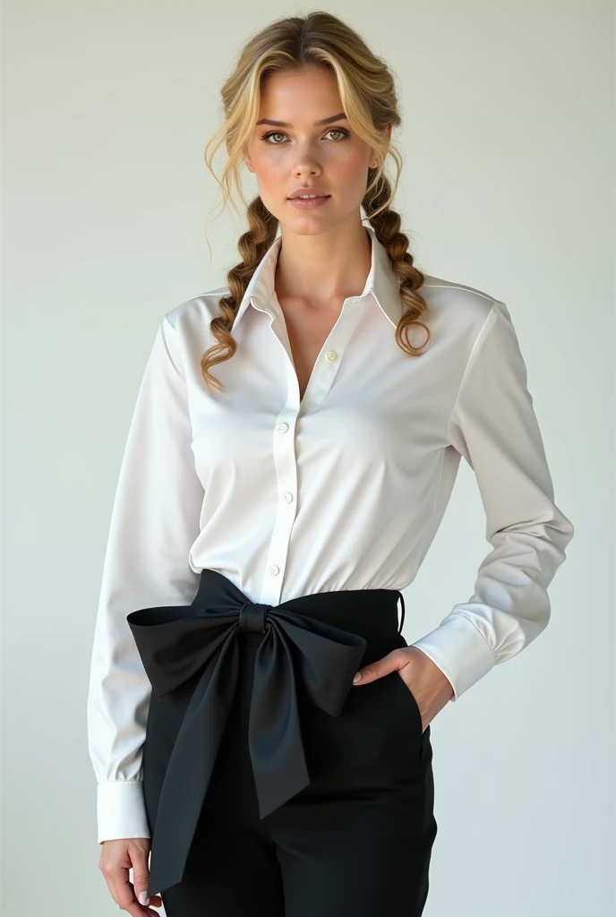 a white woman with amber eyes, she is well-built, her blond hair is curly and tied in three low pigtails. She wears a white long-sleeved dress shirt, she wears black pants, black heels and a large black bow on the back that is in the area of her waist