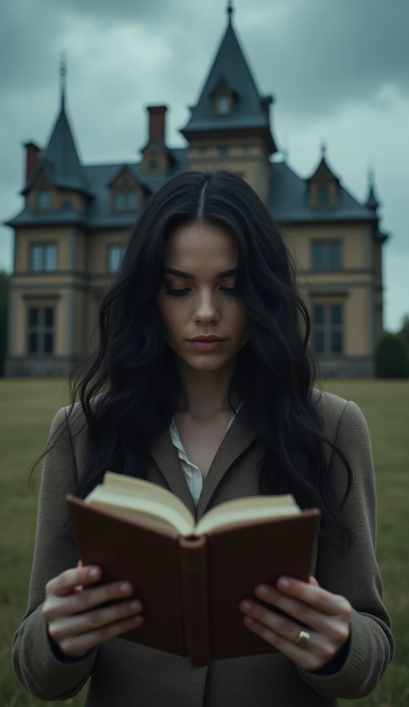 An old diary in the hands of a woman with long, wavy black hair looking at it curiously against the backdrop of an imposing mansion with dark clouds above it.

I created an extremely realistic viral image with no writing on it.