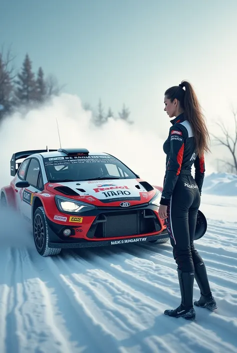 A close-up of a rally car drifting through snowy terrain, snow spraying everywhere, with a daring woman standing nearby in a sleek racing suit, helmet in hand, and a confident gaze