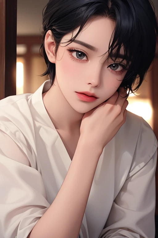 upper body, (best quality, ((masterpiece)), 8K resolution, Semi-realistic, cinematic lighting, beautiful detailed eyes),cute,1 woman,korean,(dark blue hair) medium curly hair,25-year-old,detailed clothes, ((white solid collared shirts)),expressionless, sun...