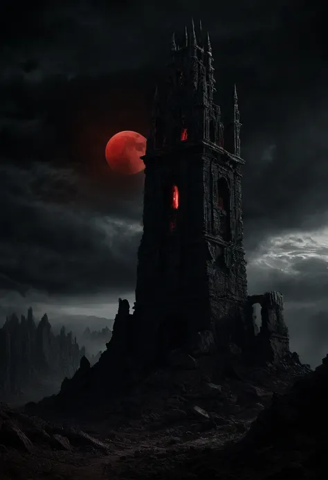 A towering, ominous dark tower piercing through the clouds, standing in the middle of a desolate, rocky wasteland. The structure is ancient, with jagged spires, cracked stones, and glowing crimson runes etched into its surface. Surrounding the tower are sw...