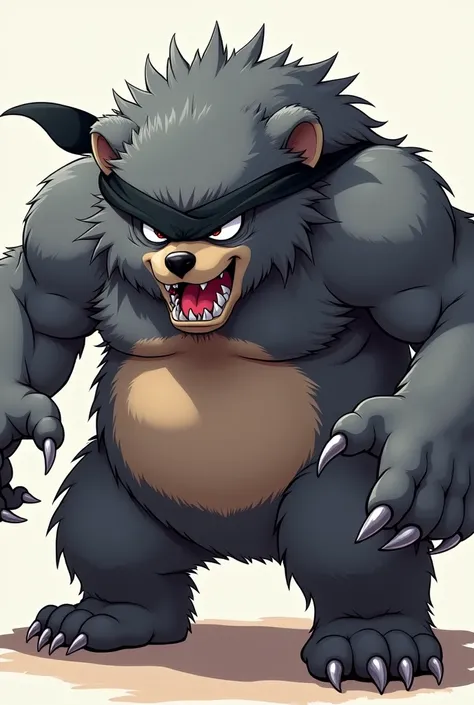 Make a a character like a bear who is grey with eyes closed from  a bandana he needs to be a cartoon character anime like  he needs to look evil and terrifying 