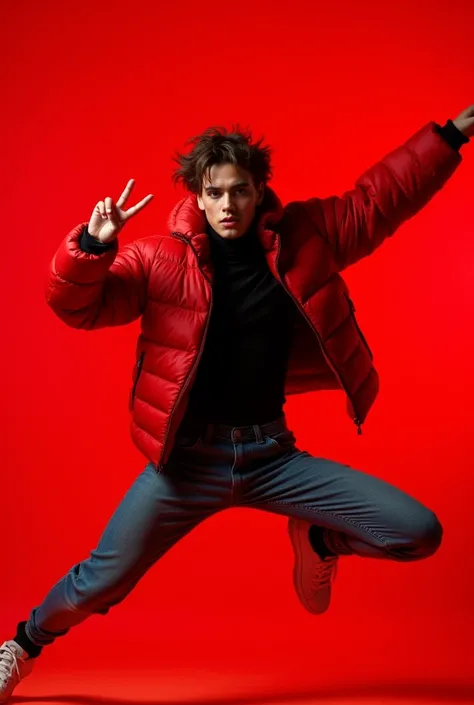 A very beautiful, wild beauty wearing a bright red down jacket, wearing a black turtleneck, wearing skinny jeans, and dancing breaking dance, jumps violently while looking at me with a sharp eye, making peace signs and jumping violently、 red background 