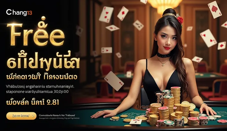 create casino flyer says "CHANG123 FREE BET SLOT NO1", Beautiful thailand women, BIG text should in center, flying chips, flying mahjongs, flying coins, flying cards, casino table, put name in middle, , black and gold themes., detailed text.thai language, ...