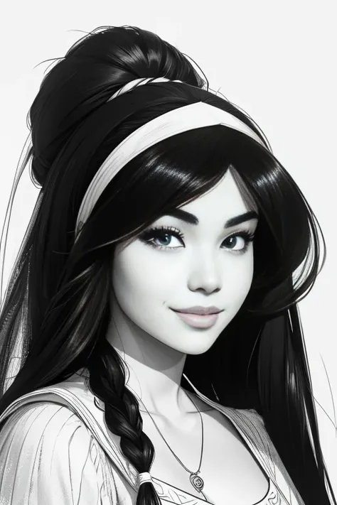 8k, long haired arafa woman holding a banana and smiling,  black and white image , Realistic Sketch,  Digital Art . @mariomaniacdude, drawn with photoshop,  REALISTIC IMAGE, Grainy image, Madison Beer Girl Portrait, by Emerson Silva, black and white filter...