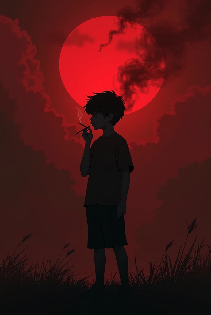 Boy smoking in the dark, shadow,  red sky behind him