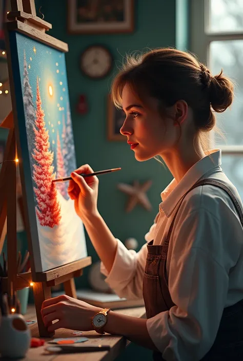 Create a REALISTIC image of a woman painting a Christmas work WITH PAINTING TECHNIQUES