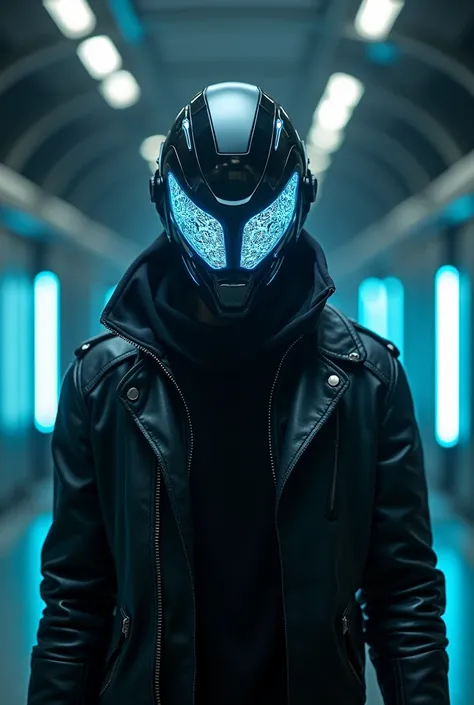 Futuristic cyberpunk character, upper body front profile. The character wears a sleek, high-tech helmet with glowing neon blue accents and intricate digital patterns on the visor. The helmet design is angular and illuminated, emitting a soft blue glow. The...