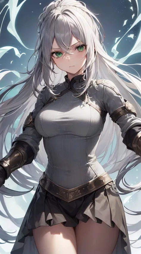 ((( top quality， high definition ，8k，  Nordic Girls ， top quality)))，( long gray hair, unkempt hair:1.3)，( green eyes:1.2)，(Controlling Lightning:1.1)，Wearing a huge gauntlet ，Revealing clothing