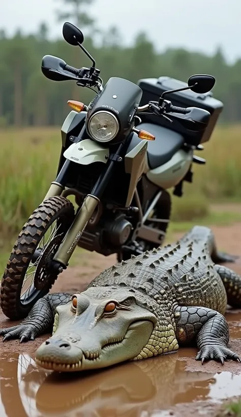 This image depicts a rugged, off-road motorcycle, likely an adventure or dirt bike, parked next to a large crocodile in a natural, wetland landscape. The motorcycle is equipped with knobby all-terrain tires, a sturdy suspension, and a storage pack, emphasi...