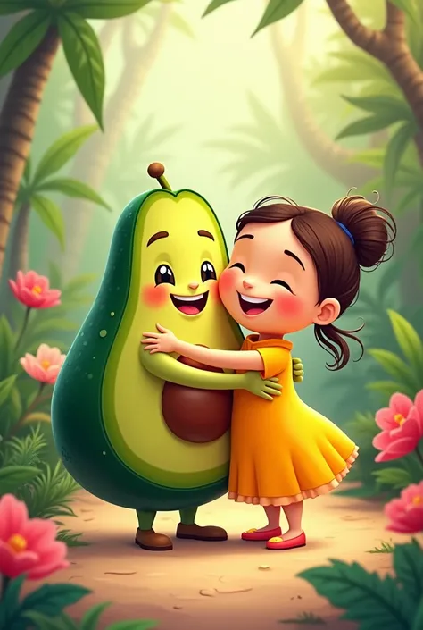 A cartoon of a avocado(boy) and a mango(g1irl) hugging. Make the mango a bit better