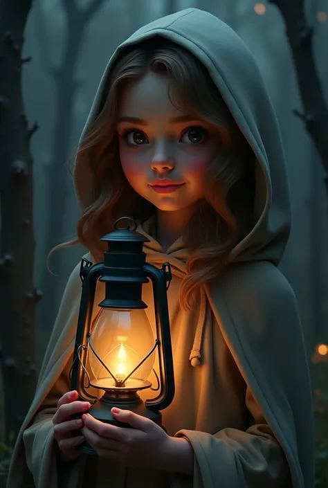 A girl standing face to face and in the middle of the dark. She has a sweet face , kind eyes and tender smile ,  wavy brown hair and dressed in a cape that covers her head and shoulders.  She lights up and holds an old lantern that has a burning candle ins...