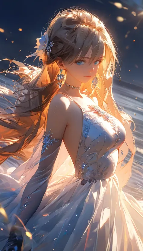 ((High resolution, accurate, Best Quality, masterpiece)), original, extremely, 1girl, solo, blue eyes, very long hair, earrings, jewelry, gloves, dress, black gloves, bare shoulders, breasts, white dress, elbow gloves, sleeveles,
