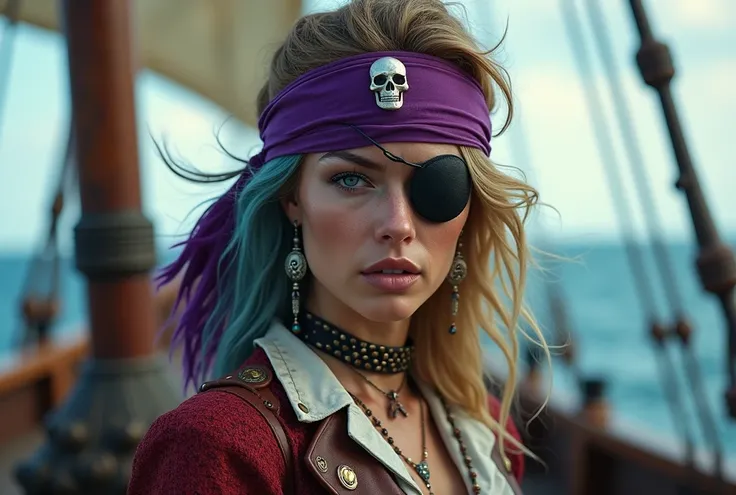 A captivating, realistic photo of a high-resolution, high-quality, strong and mysterious, 20-year-old, female pirate, capturing the essence. With a striking expression and an eyepatch covering one eye, this woman exudes confidence and adventure. With long,...