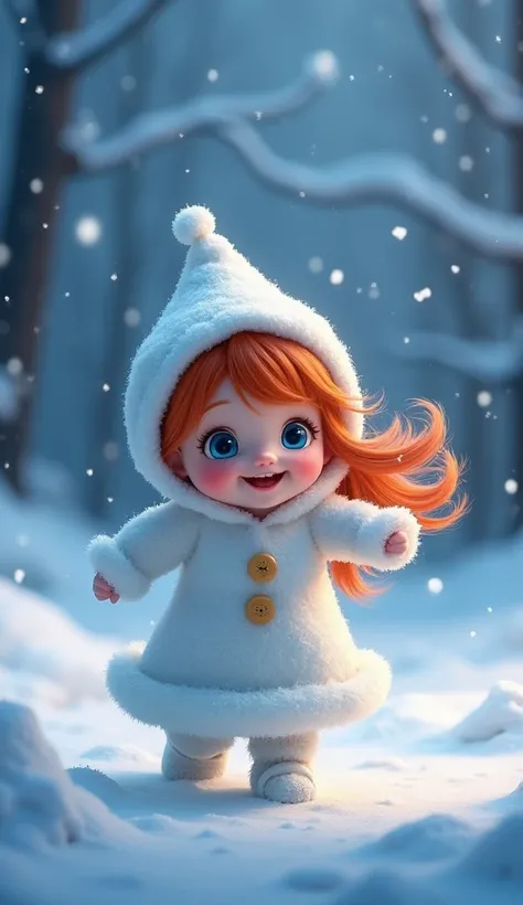 Baby dancing in a snow costume in a snowy landscape at night　Bright red long hair　 blur the background　smile　Omi　 blue eyes　 its snowing