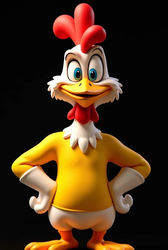 a cartoon frango with a yellow shirt and red hair, !!!!, anthropomorphized frango, , ,  expression,  smirk, estilo dos Looney Tunes, frango, the king of , Com um fundo preto, mascote de cereal, estilo loony toons, illustration of a , carregado, com um fund...