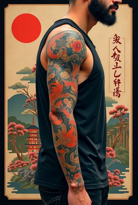 Create a model for a full arm tattoo that encompasses most of the representative images of Japanese culture