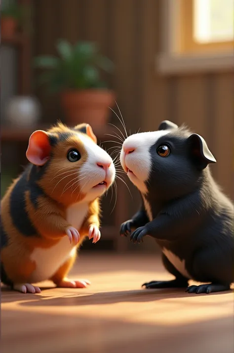 Create an image where one guinea pig cheats the other ,  the first is an abscinian with fur in the colors brown and black and the second is black and has a large white spot on the face