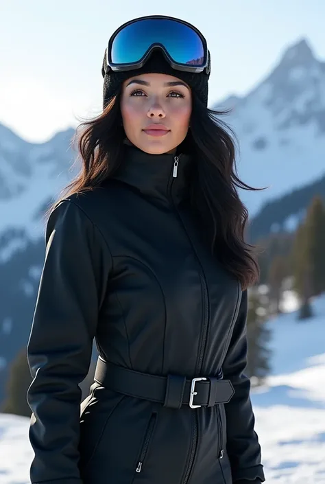  23-year-old Colombian woman who is a bit tanned with slightly wavy black hair, dark eyes ,  on a ski vacation , Who is wearing a full black ski outfit, 8K, realistic 