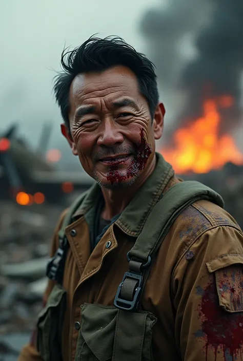 A young Japanese man, mature-looking and scarred by war, wears a World War II aviation pilots uniform, stained with soot and dried blood. He displays a defiant and insane smile, while a dark, viscous liquid, similar to oil mixed with blood, drips from the ...