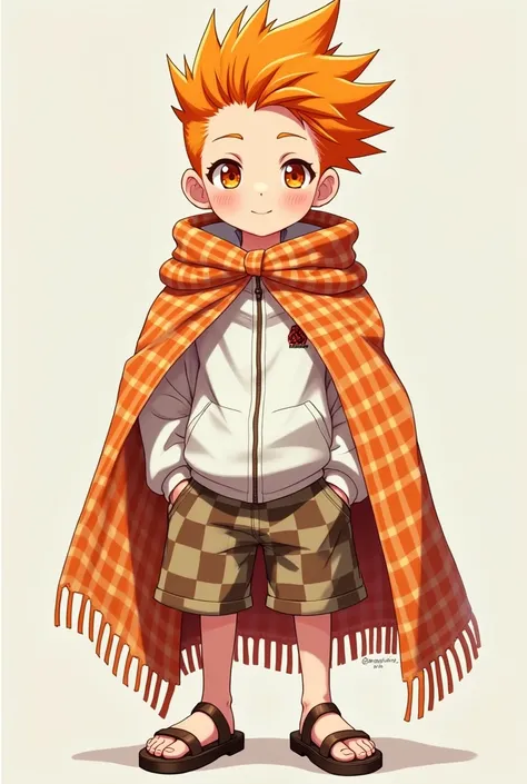  A boy with an orange mohawk in his hair,  orange eyes ,  white regatta, orange checkered blanket ,  brown and white checkered shorts ,  and brown anime-style sandals 