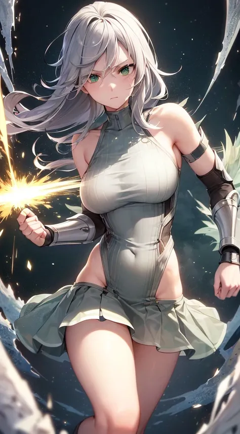 ((( top quality， high definition ，8k，  Nordic Girls ， top quality)))，(Long, unkempt gray hair:1.3)，( green eyes:1.2)，(Controlling Lightning:1.1)，Wearing a huge gauntlet ，Pump your fist，Revealing clothing