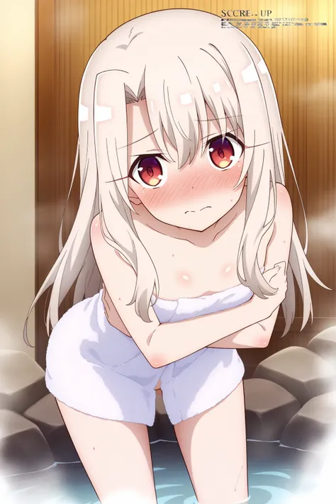 Illyasviel Von Einzbern,megami magazine,long hair,white hair,hair between eyes,red eyes,flat chest,
((naked towel)),cleavage,
1loli,(is embarrassing,big blush,closed mouth,steam:1.0),
((leaning forward,breast hold:1.2)),
(onsen background:1.0),nsfw