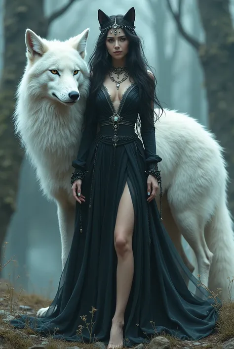  sexy goddess ,  long black hair, Cat eyes with giant white fox 