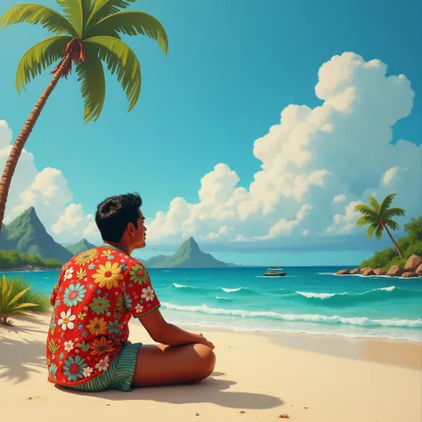 a photorealistic Polynesian man sitting on beach sand facing a painting of a colorful cartoon sky and cartoon clouds on a wall, embroidered clothes, Chiho Aoshima, matte fantasy painting, a matte painting