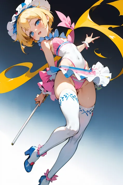  blonde short bob haired blue-eyed girl playing a clown wearing a white and pink clown bikini costume, ホワイトとピンクのピエロのビキニ衣装を着ている,（Blond short bob haired blue-eyed girl who wears knee-high stockings ）   model shooting style  ( very detailed bust8Kの壁紙), Captur...