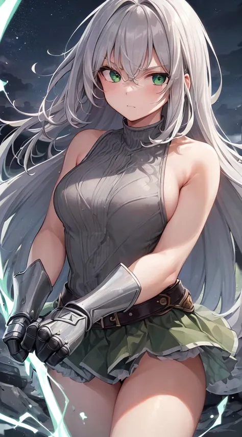 ((( top quality， high definition ，8k，  Nordic Girls ， top quality)))，( long gray hair, unkempt hair:1.3)，( green eyes:1.2)，(Controlling Lightning:1.1)，Wearing a huge gauntlet ，Pump your fist，Revealing clothing