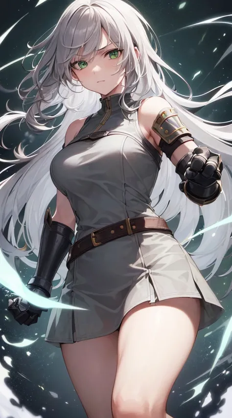 ((( top quality， high definition ，8k，  Nordic Girls ， top quality)))，( long gray hair, unkempt hair:1.3)，( green eyes:1.2)，(Controlling Lightning:1.1)，Wearing a huge gauntlet ，Pump your fist，Revealing clothing