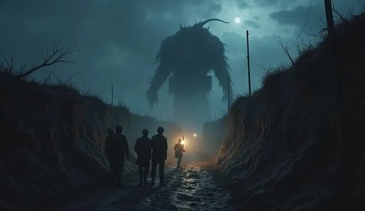  A trench from World War II ,  ,  under a cloudy night sky . Inside the partially collapsed trench ,  a weakly lit oil lamp illuminates a group of terrified soldiers looking towards the entrance of the trench. In the background,  a tall, amorphous shadow w...