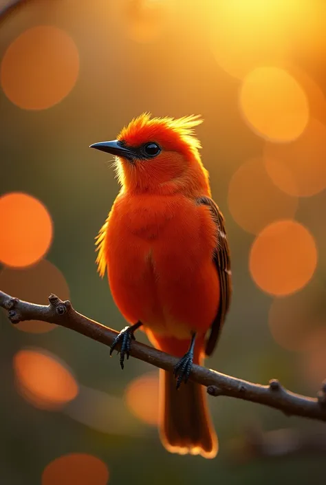  A mesmerizing close-up portrait of a beautiful vermillion flycatcher illuminated by the soft golden light of a quiet morning, with vibrant bokeh balls gently framing its delicate shape.