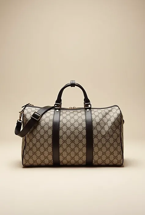 A beige colour gucci duffle bag with black logo of lv on the entire bag