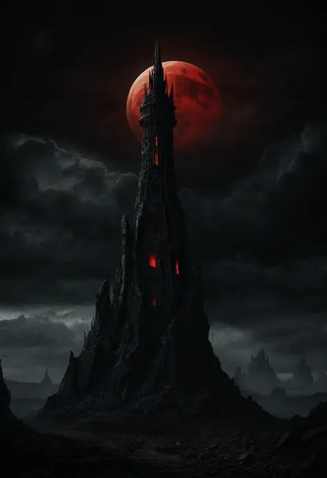 A towering, ominous dark tower piercing through the clouds, standing in the middle of a desolate, rocky wasteland. The structure is ancient, with jagged spires, cracked stones, and glowing crimson runes etched into its surface. Surrounding the tower are sw...