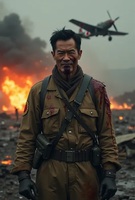 A young Japanese man, mature-looking and scarred by war, wears a World War II aviation pilots uniform, stained with soot and dried blood. He displays a defiant and insane smile, while a dark, viscous liquid, similar to oil mixed with blood, drips from the ...