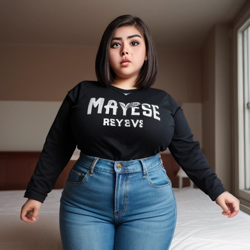 A cute chubby macromastia mexican raven nyuugao teen, short beautiful volumetric emo style hair, beautiful detailed brown eyes, cutely detailed lips, extremely cute detailed eyes and face, mega huge voluptuous breasts, long sleeve t-shirt with jean pants, ...