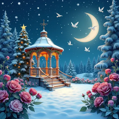 artfully creative, artistically designed beautiful vintage Christmas winter, yellow color rose garden with festive lanterns, white gazebo, tall Christmas tree, falling snow, lots of purple, wilted roses, garland, Christmas lights, holly berries, white dove...