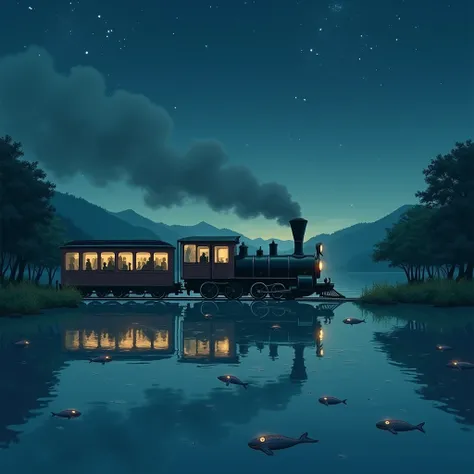 Studio Ghibli style drawing, A steam-powered train traveling across a serene lake at night.
The train is covered in delicate detail, with illuminated windows revealing mysterious figures within. The water of the lake reflects the stars in the sky, and magi...